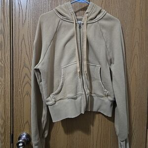 Offline By Aerie Khaki Full Zip Sweater With Thumb Holes Hoodie Medium